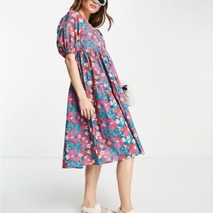 Lola May Plus Tiered Retro Vintage Floral Puff Sleeve Tiered Midi Flare Dress